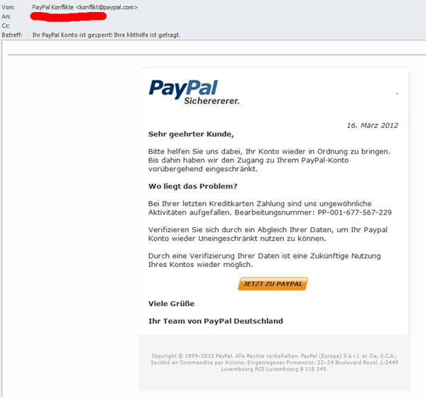 PayPal Phishing e-mail mit PayPal Domain