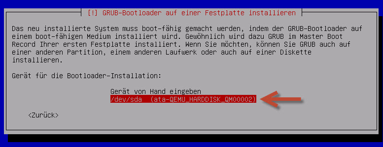 Debian Server Bootloader Festplatte angeben