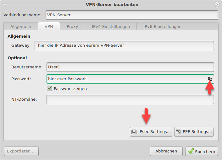 Debian VPN Server Verbindung bearbeiten.